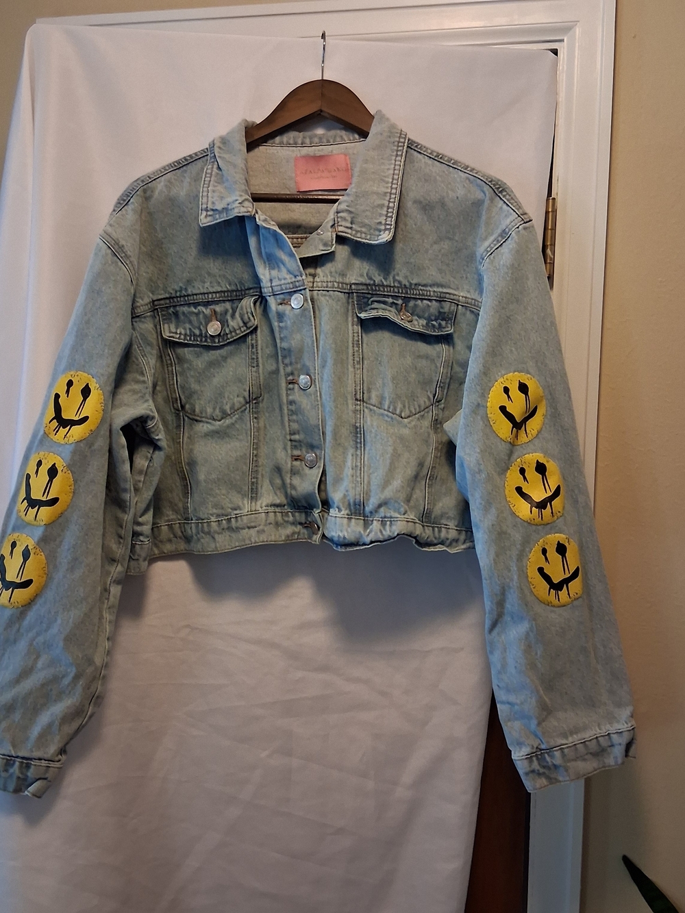 Azalea Wang Cropped Light Wash Denim Jacket with Yellow Drippy Smiley Patches 2X